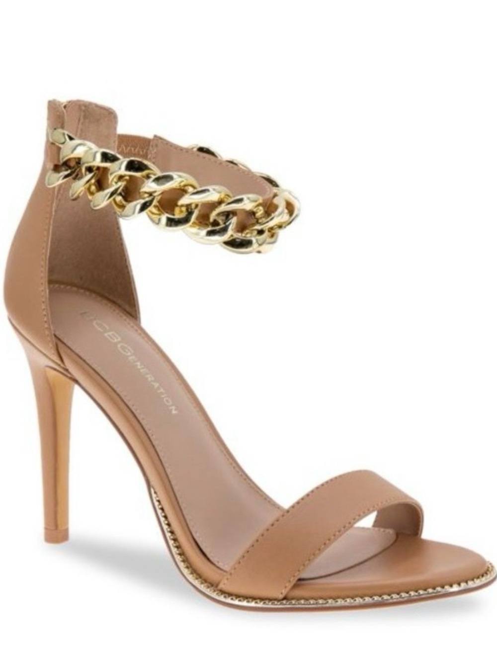 BCBGeneration Jadia Tan High Heel Sandal with Gold Chain Ankle Strap